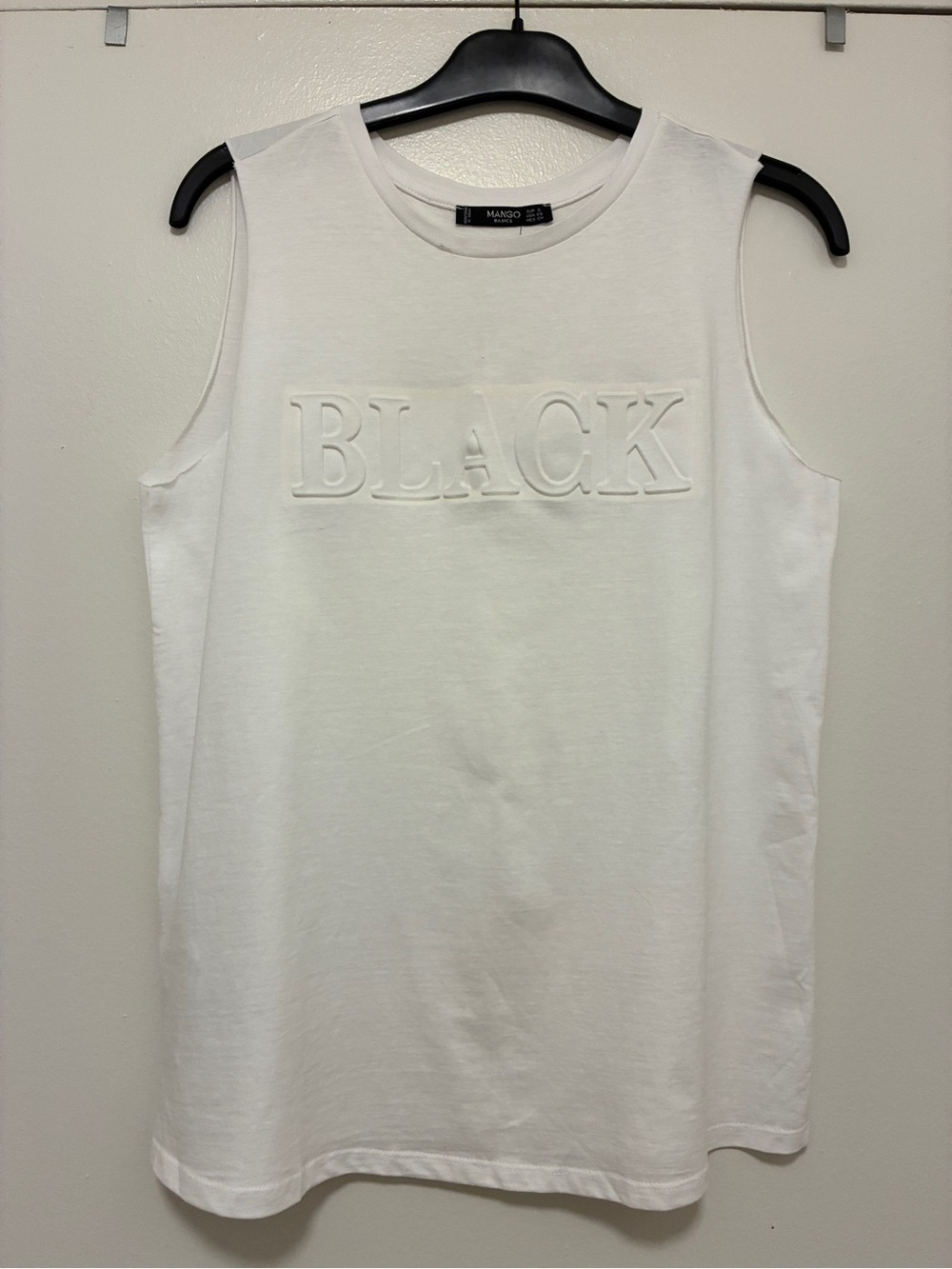 Mango White Sleeveless Muscle Tee with Raised 'BLACK' Embossed Logo XS
